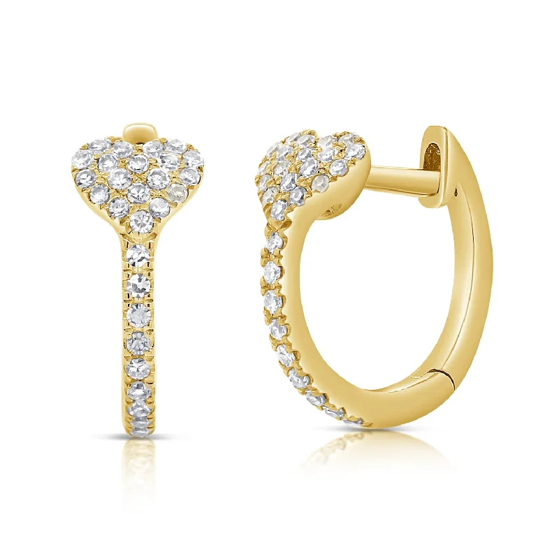 Bold Drop Earrings for Parties-14K Gold Heart Shaped Huggies with Diamonds