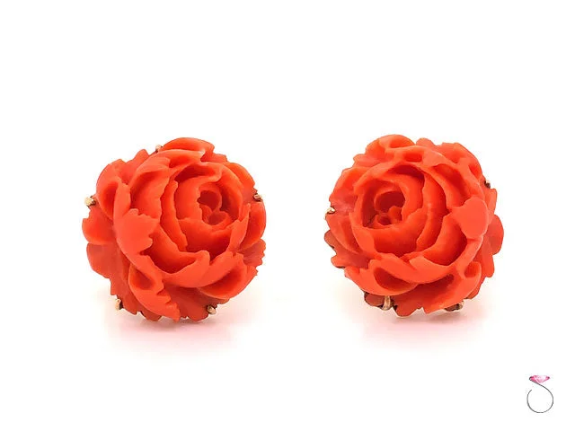 Art Deco Gold Earrings-Carved Red Coral Flower Vintage Earrings in 14K Yellow Gold