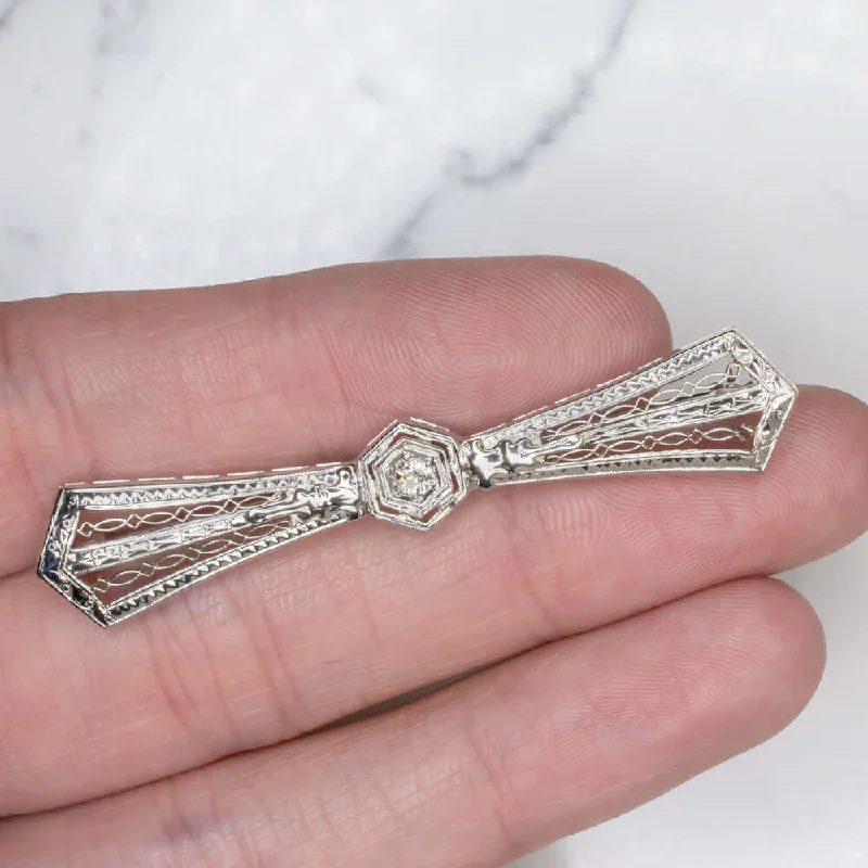 Minimal Brooch-ART DECO DIAMOND 18K WHITE GOLD BOW TIE STICK PIN PENDANT VINTAGE 1920s BROOCH