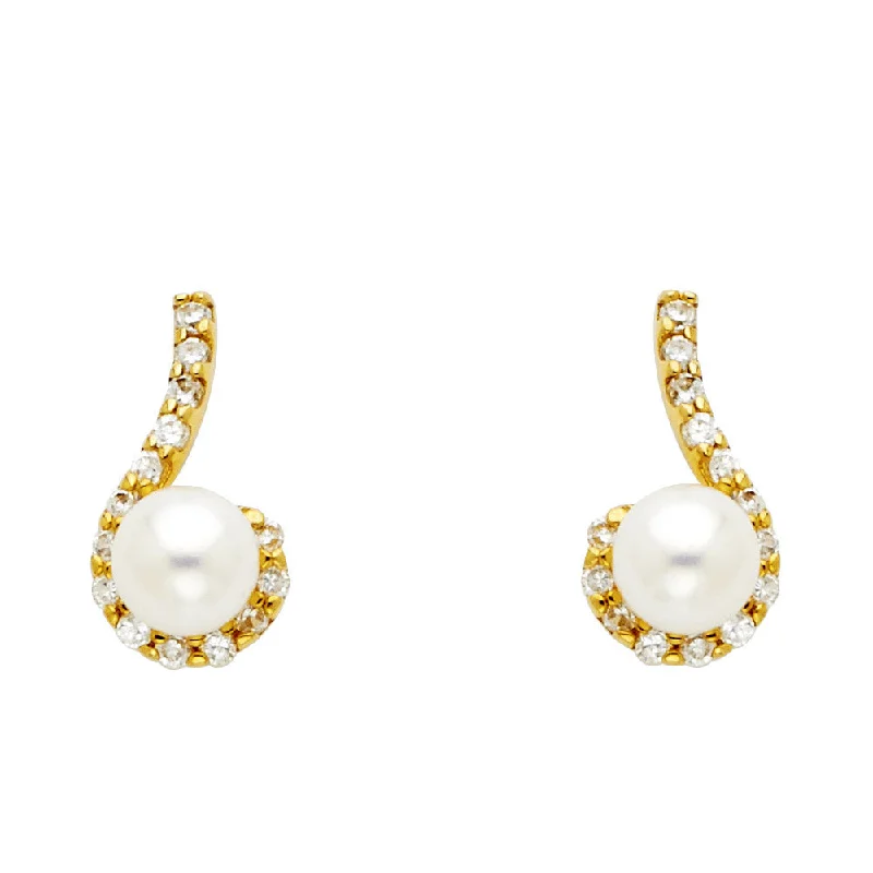 Statement Earrings for Brides-14KY Pearl+CZ Post Earrings