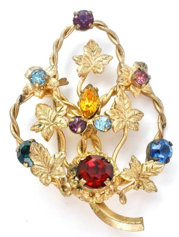 Brooch For Sweater Neck-Multi Color Rhinestone Leaf Brooch Vintage