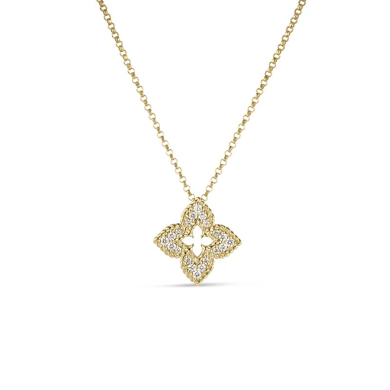 Simple Necklace with Gold Pendant for Brides-18kt Yellow Gold Small Diamond Venetian Princess Flower Pendant Necklace