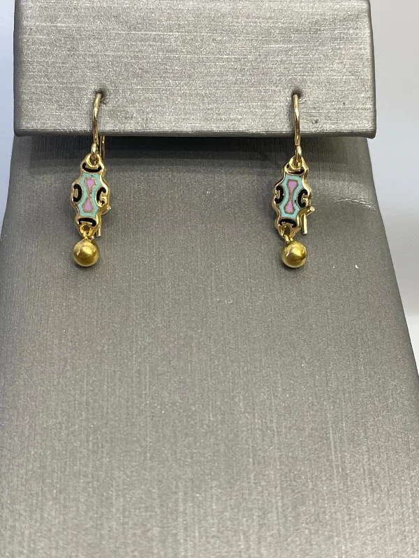 Vintage Pearl Drop Earrings-14K Yellow Gold Hand Painted Dangling Earrings