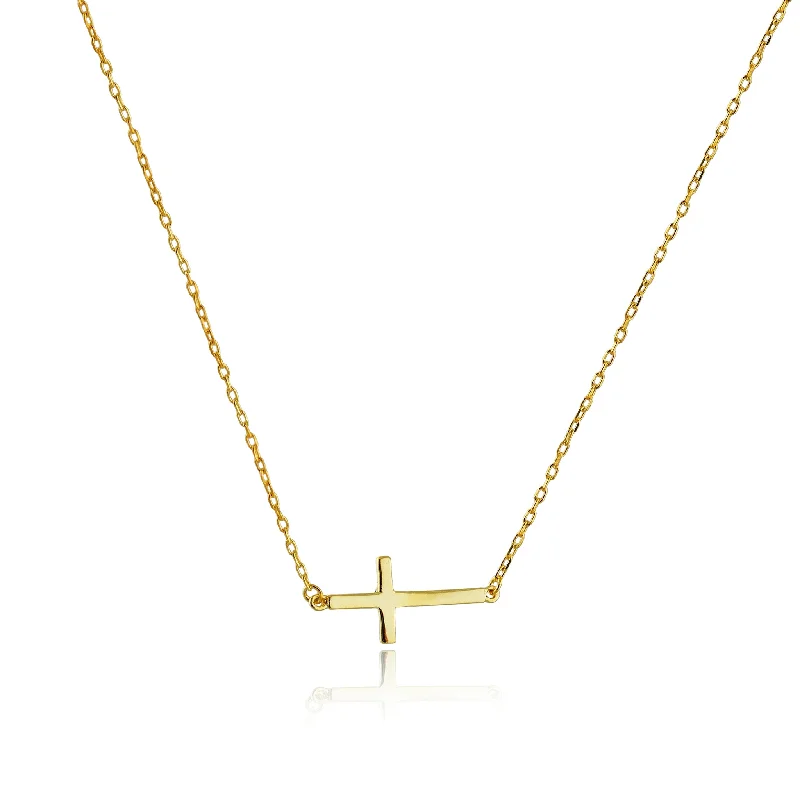 Simple Sapphire Necklace for Bridesmaids-Glossy Sideways Cross Necklace (14K)