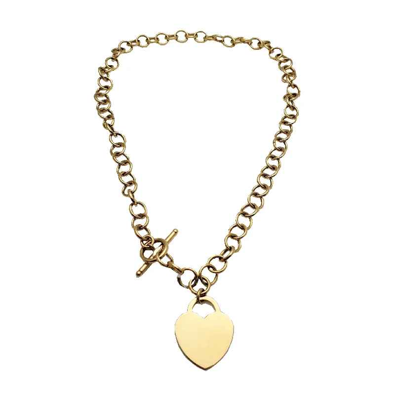 Simple Necklace with Heart-Shaped Pendant-T-Bar Clasp Rolo Necklace (14K)