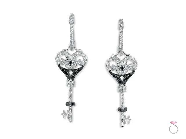 Vintage Crystal Drop Earrings-Black White Diamond Dangle Key Earrings .56ct in 18K Gold