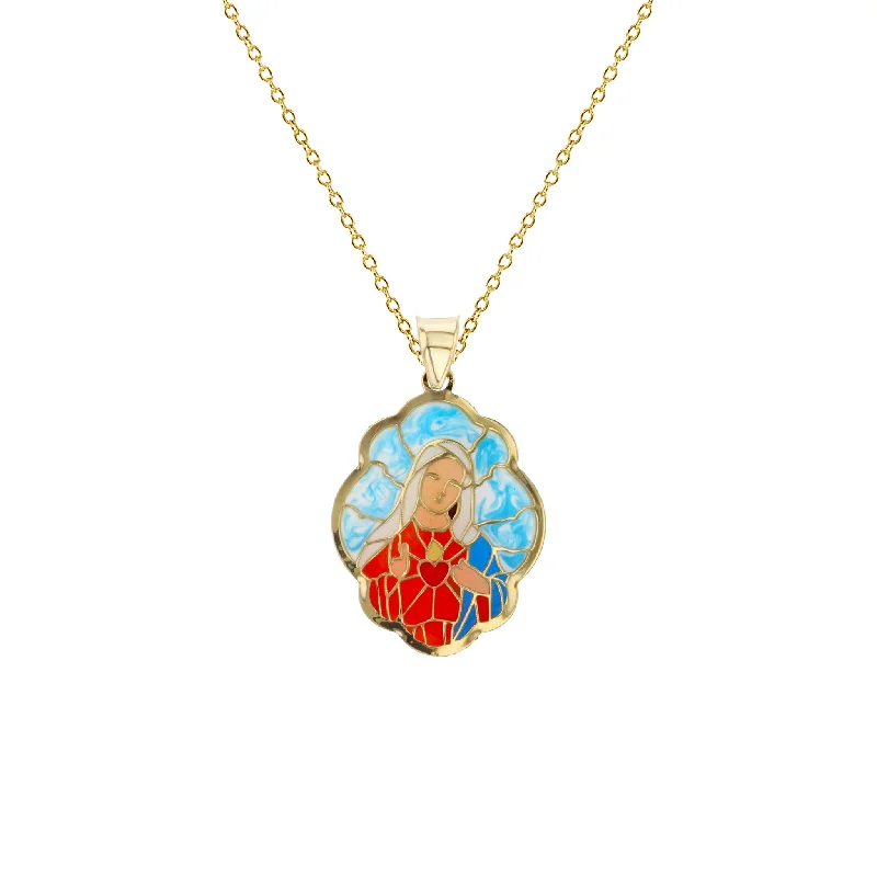 Fashionable Chunky Gold Necklace-Colorful-Enameled Virgin Mary Fancy Necklace (14K)