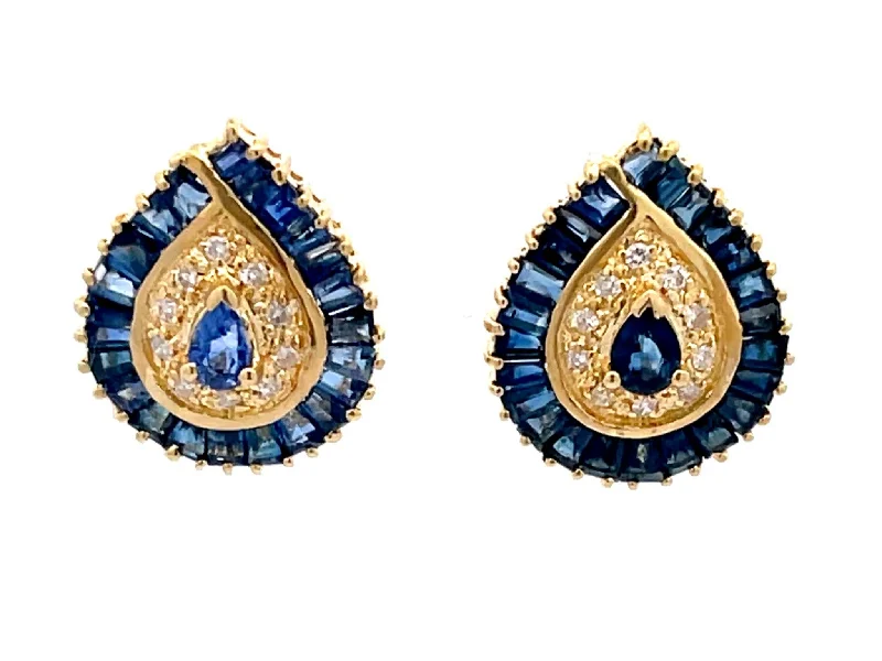 Bold Crystal Earrings-Pear Shaped Sapphire Halo and Diamond Stud Earrings in 18k Yellow Gold