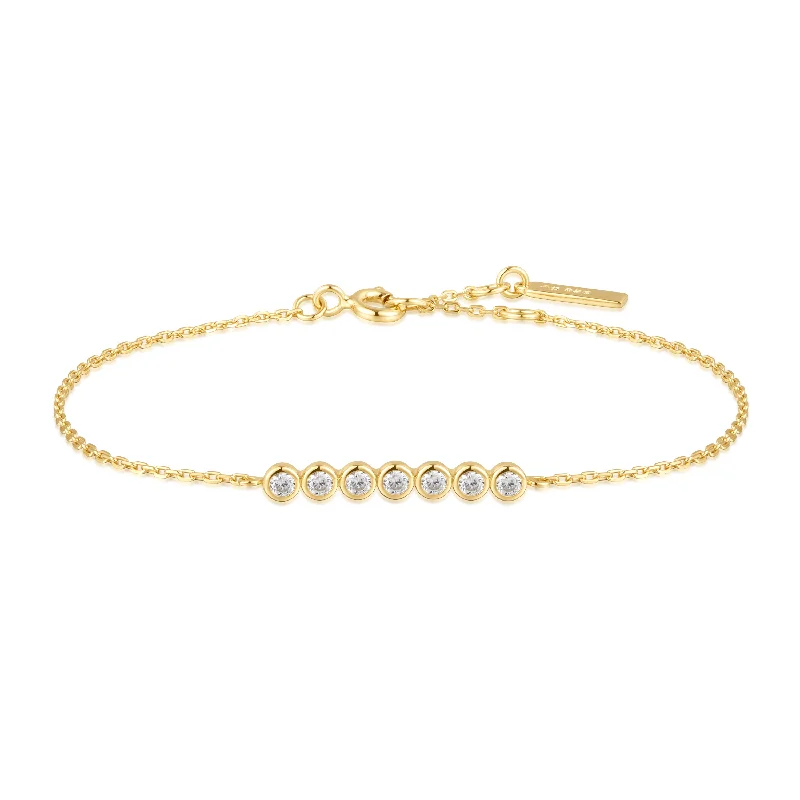 Simple Gold Bracelet with Textured Detailing-Bezel Set CZ Chain Bracelet in Yellow Gold by Ania Haie