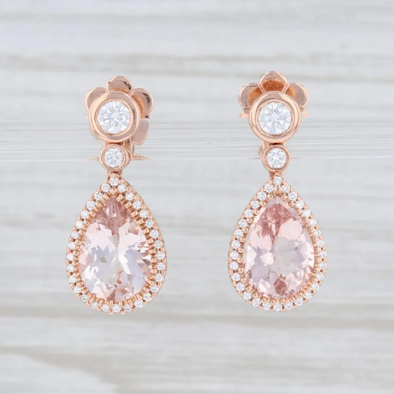 Colorful Gemstone Earrings-New 3.98ctw Morganite Diamond Halo Earrings 14k Rose Gold Teardrop Dangles