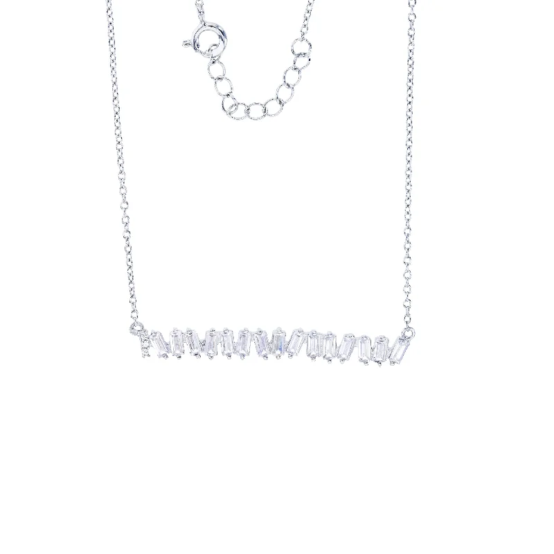 Elegant Necklace with Amethyst Pendant-Baguette Cz Bar Necklace (Silver)