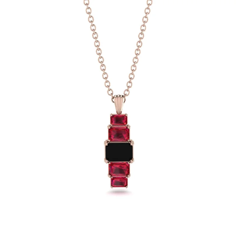 Simple Gold Necklace with Diamond Pendant-Emerald Cut Black Diamond Stairs Necklace - Briella No. 53