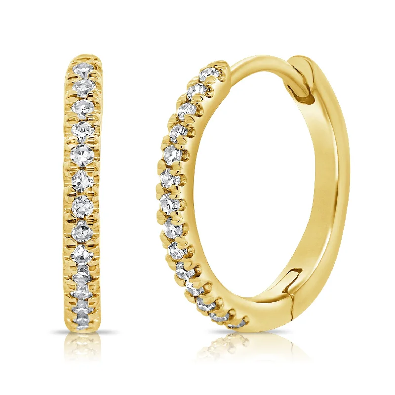 Trendy Gold Earrings-Classic Diamond Huggie Earrings Halfway set with Round Brilliant Diamonds