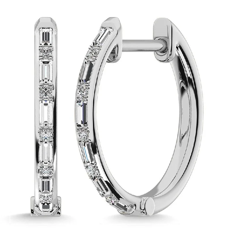 Shiny Gold Earrings-Diamond 1/4 Ct.Tw. Round and Baguette Cut Hoop Earrings in 10K White Gold