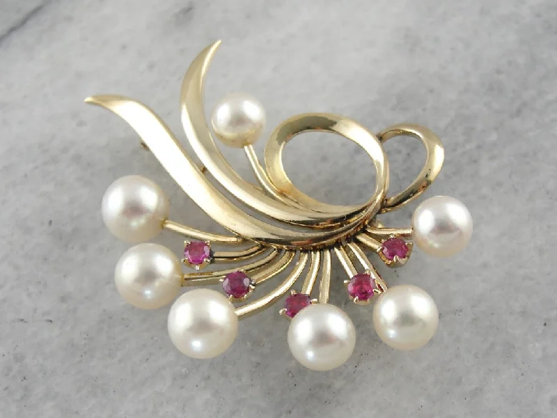 Brooch With Crystals-Vintage Pearl and Ruby Brooch in Yellow Gold, Abstract Statement Pin