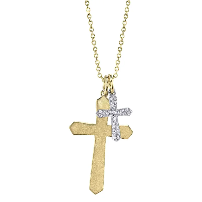 Simple Sapphire Necklace for Bridesmaids-14kt Yellow and White Gold Diamond Pave Double Cross Necklace