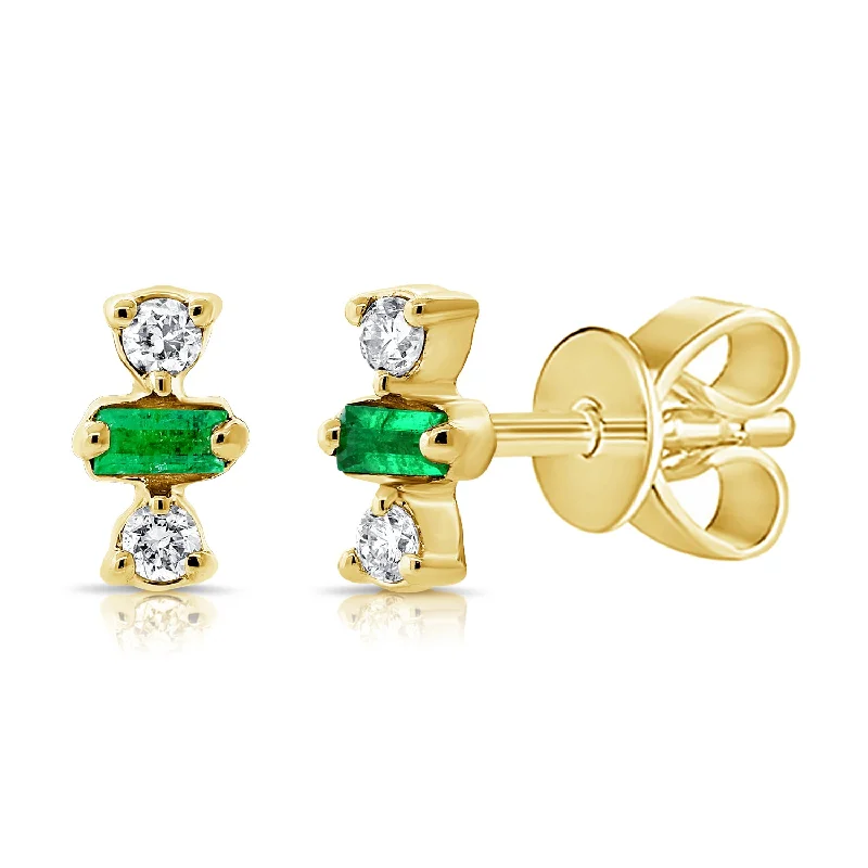 Dainty Stud Earrings-OKG Collection Baguette Cut Emerald & Diamond Studs made in 14Kt Gold