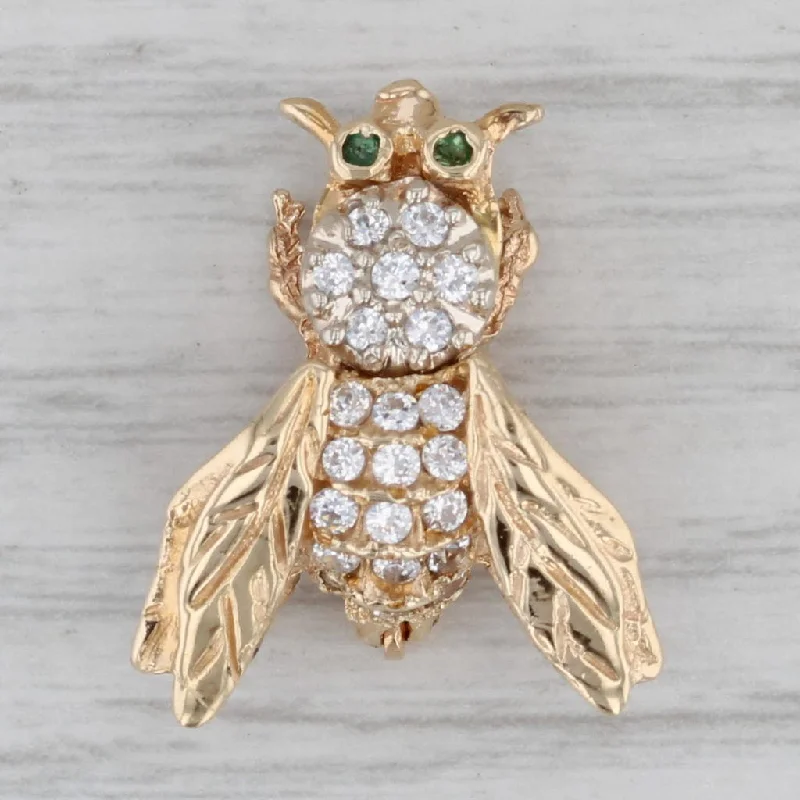 Gemstone Brooch-0.26ctw Cubic Zirconia Emerald Bumble Bee Pin 14k Yellow Gold Brooch