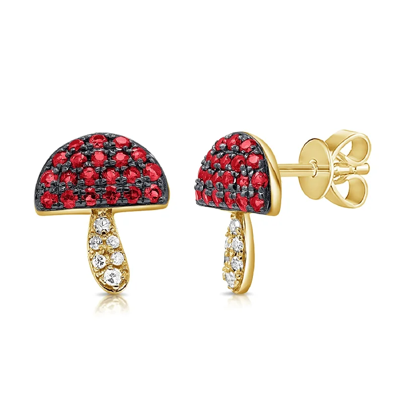 Chunky Silver Earrings for Fashion-Diamond & Ruby Mushroom Studs