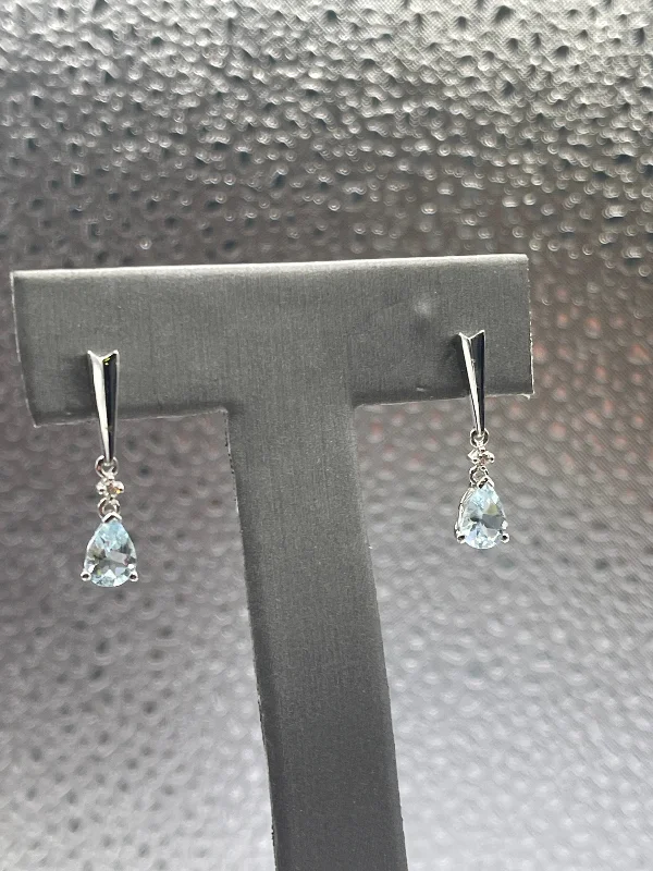 Glittery Earrings for Party-Ladies 14 Karat Solid White Gold Aquamarine and Diamond Dangling Earrings