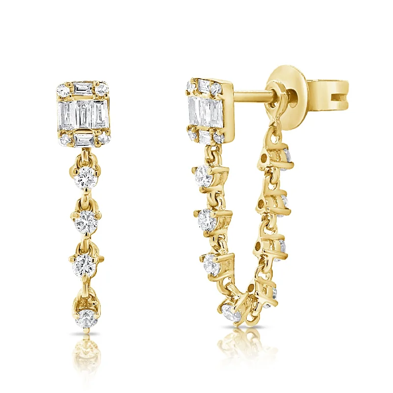 Custom Gold Earrings-Elegant Diamond and Baguette Drop Earrings in 14K Gold