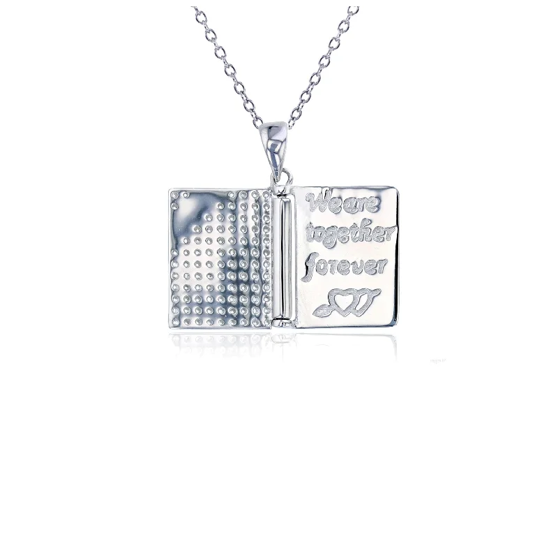 Long Silver Necklace with Diamond Pendant-Book & "We are together forever" Necklace (Silver)