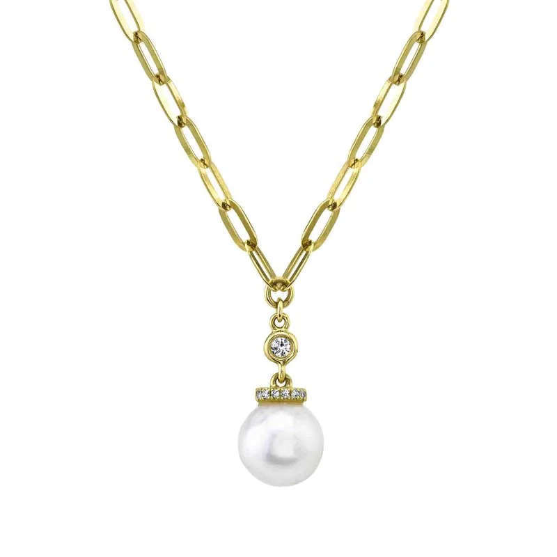 Luxury Necklace with Aquamarine Stone-Yellow Gold Diamond Pearl Drop Pendant Paperclip Necklace