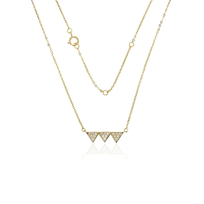 Stylish Silver Necklace with Gemstones-Yellow Gold Triple CZ Triangle Fancy Necklace (14K)