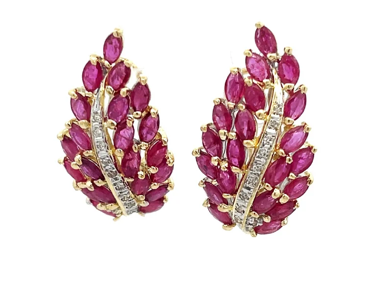 Minimalist Diamond Earrings-Ruby Leaf and Diamond Earrings in 14k Yellow Gold