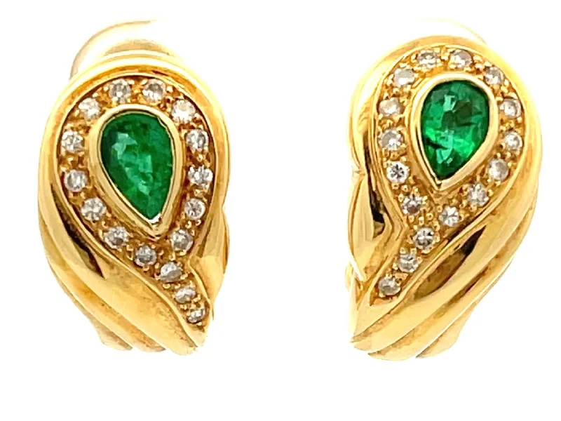 Personalized Hoop Earrings-Pear Shaped Emerald and Diamond Huggie Earrings in 18k Yellow Gold