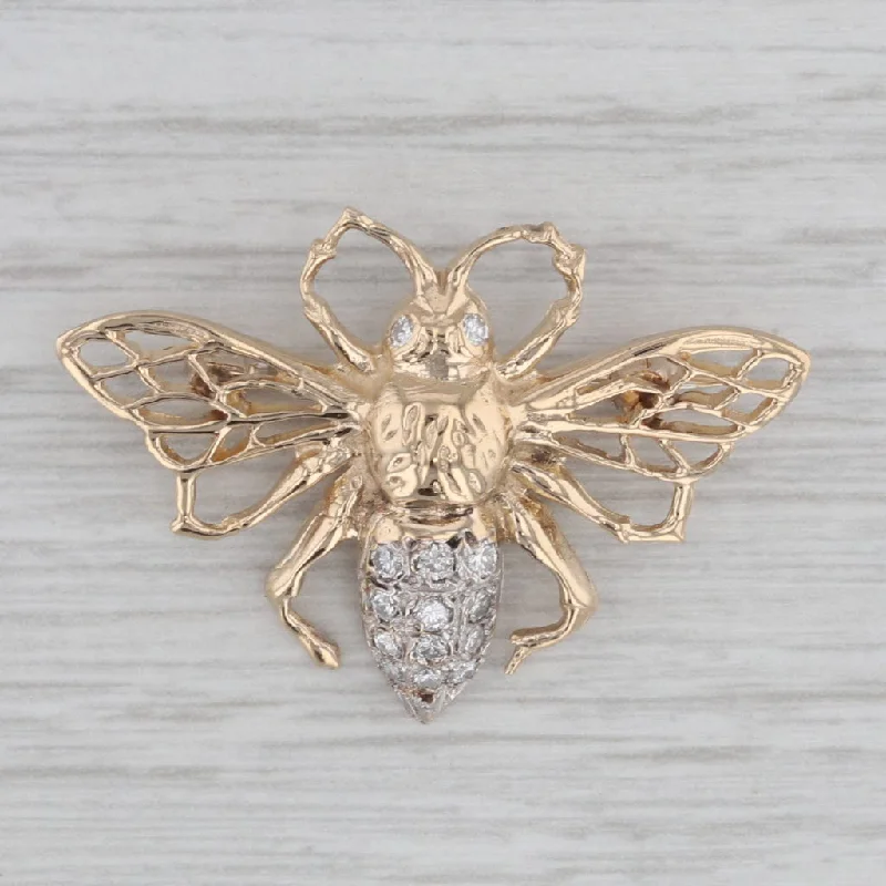 Wedding Brooch-0.30ctw Diamond Bee Pin 14k Yellow White Gold Insect Brooch