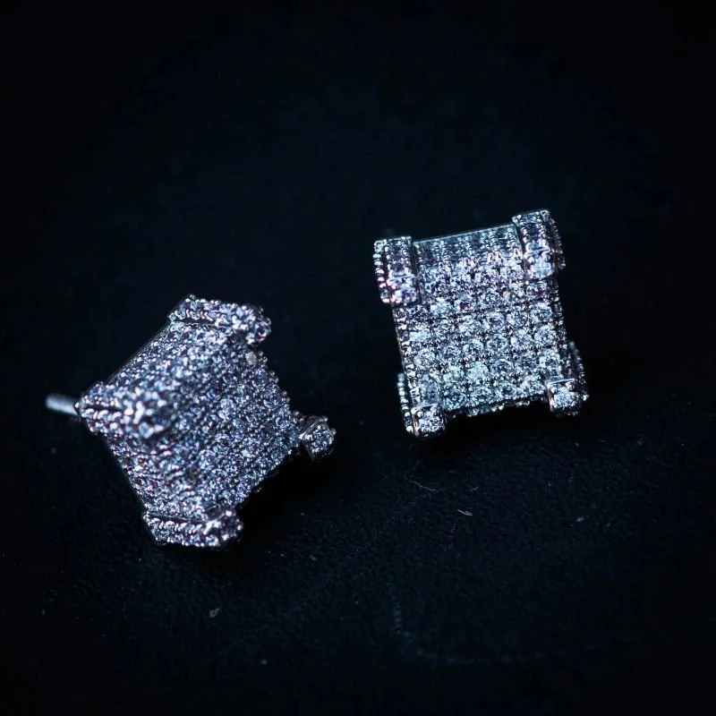 Classic Pearl Earrings-Square Studded Diamond Earrings in Yellow/White Gold