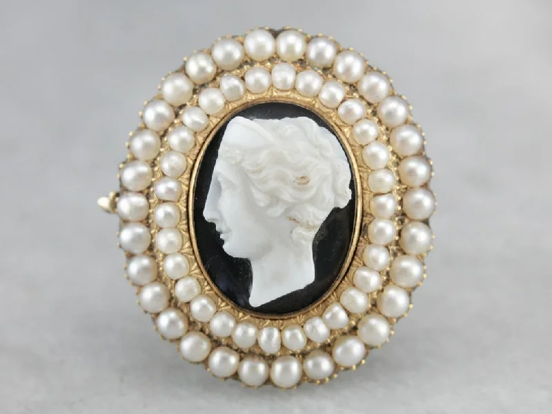 Retro Brooch-Antique Victorian Onyx Cameo Seed Pearl Brooch