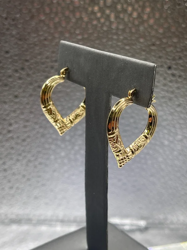 Gold and Silver Mixed Earrings-Ladies 14 Karat Solid Yellow Gold Chevron Engraved Hoop Earrings