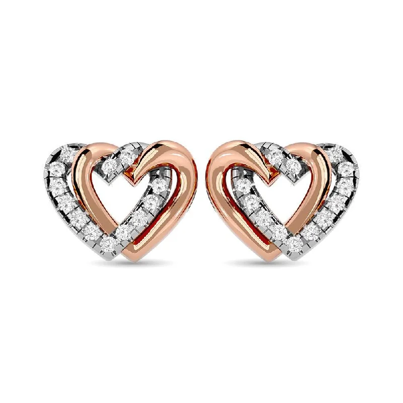 Gold-Plated Hoop Earrings-Diamond Duel Heart earrings 1/6 ct tw in 10K Rose Gold