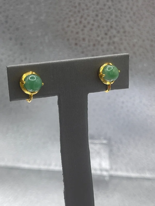 Elegant Drop Earrings-Ladies 22 Karat Solid Yellow Gold Genuine Jade Screw Back Earrings