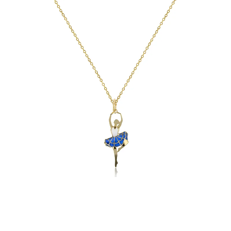 Bold Gold Necklace for Evening Wear-Enameled-Blue Skirt Dancing Ballerina Fancy Necklace (14K)