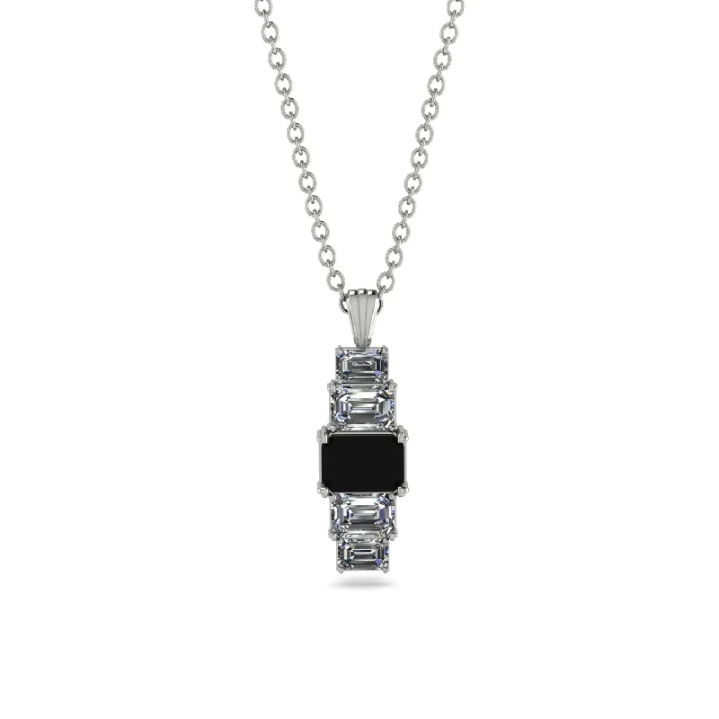 Simple Long Necklace with Pendant-Emerald Cut Black Diamond Stairs Necklace - Briella No. 9