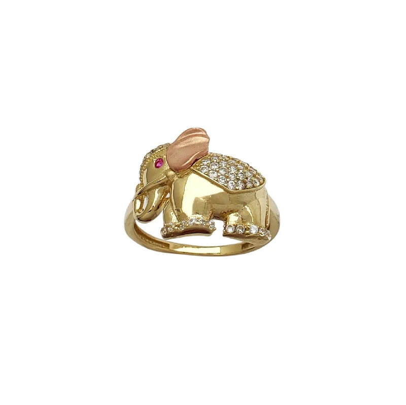 Simple Silver Ring with Gemstone Accent-Pave Two-Tone Elephant Ring (14K)