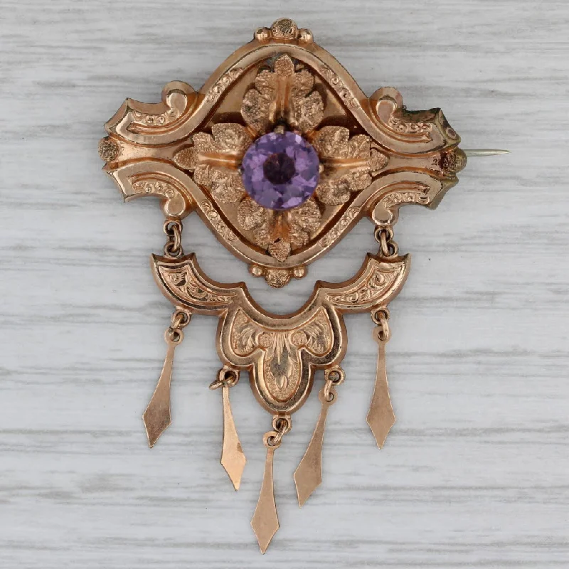 Brooch With Vintage Charms-Antique Victorian Purple Glass Flower Brooch 10k Rose Gold 1800s Ornate Pin