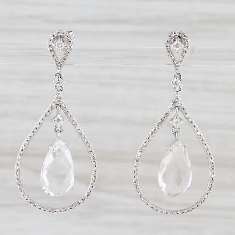 Gold Glitter Earrings-New Quartz & Diamond Halo Teardrop Earrings 14k White Gold Pierced Dangles