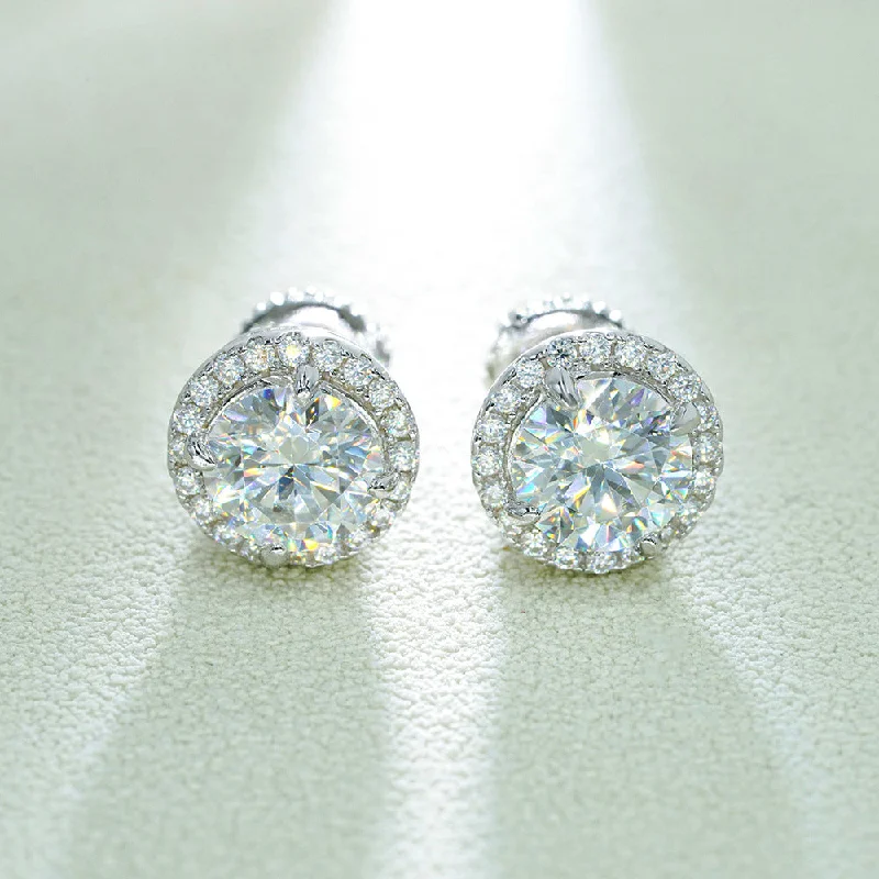 Classic Silver Hoop Earrings-Moissanite Diamond Halo Sterling Silver Earrings in Yellow/White Gold