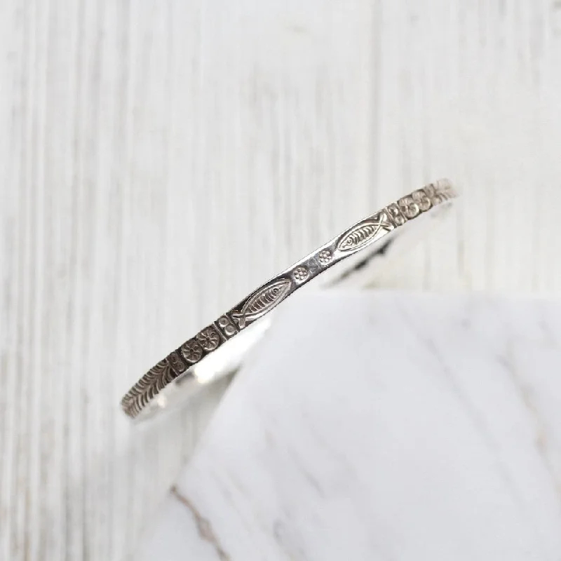 Custom Birthstone Bangles for Wedding Gifts-Stamped Fish and Fern Bangle