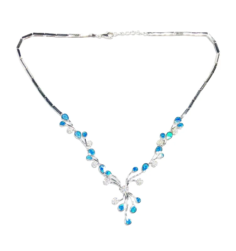 Long Pendant Necklace with Silver Chain-Flower & Tears Drops CZ Necklace (Silver)