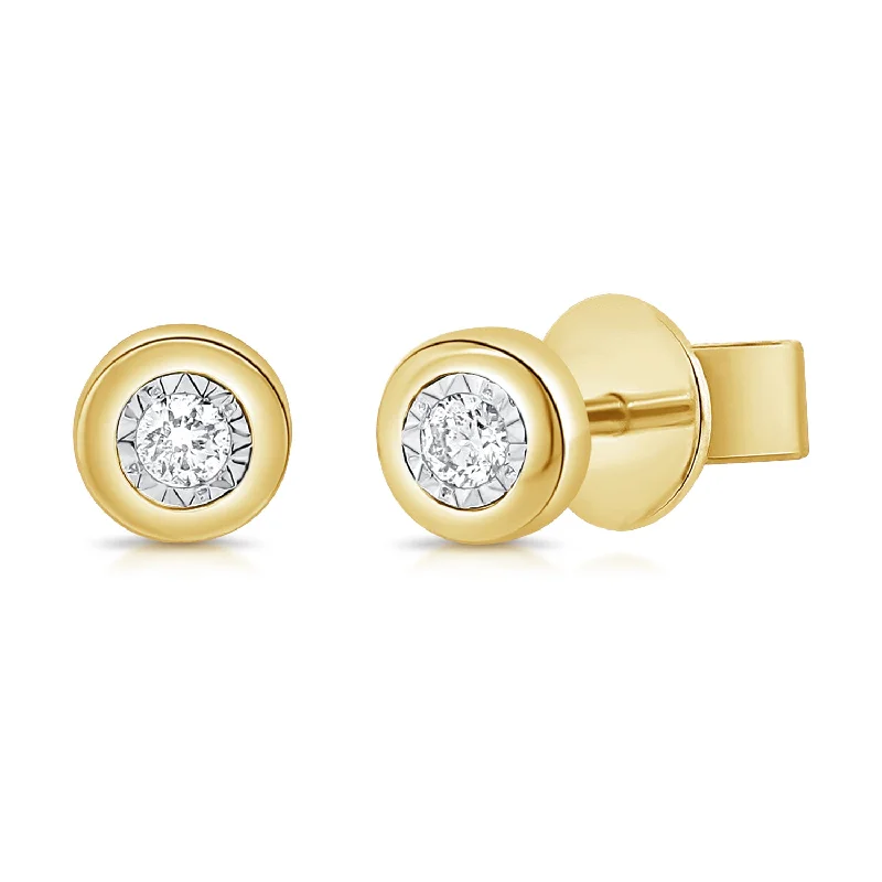 Big Dangle Earrings for Parties-Bezel Set Round Diamond Studs with Miracle Setting in 14kt Gold