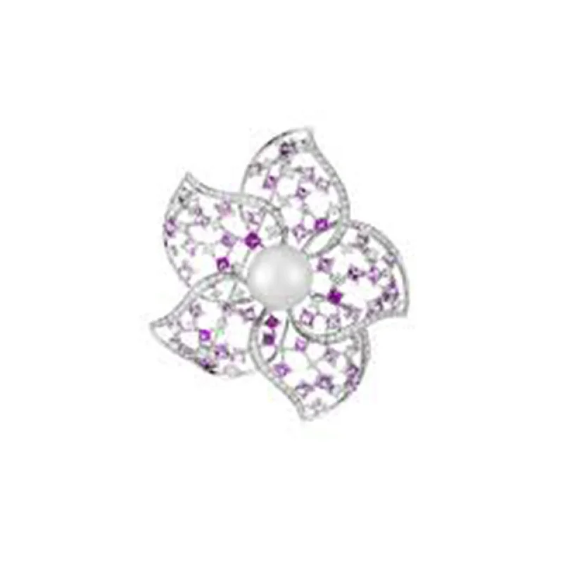 Brooch For Everyday Wear-South Sea Pearl, Diamond and Pink Sapphire Flower Brooch