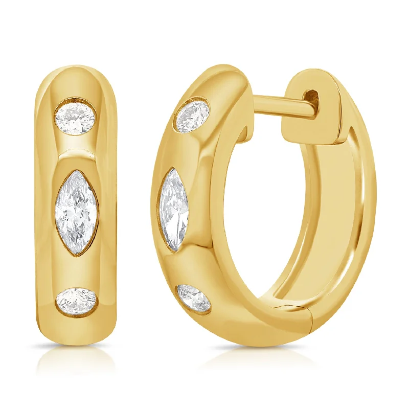 Shiny Gold Earrings-Modern Marquise and Round Diamond Hoop Earrings in 14K Gold