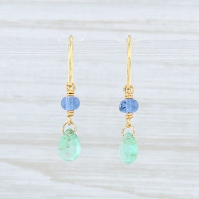 Handcrafted Earrings for Women-Artisan Emerald Tanzanite Bead Earrings 14k Yellow Gold Dangle Hook Posts