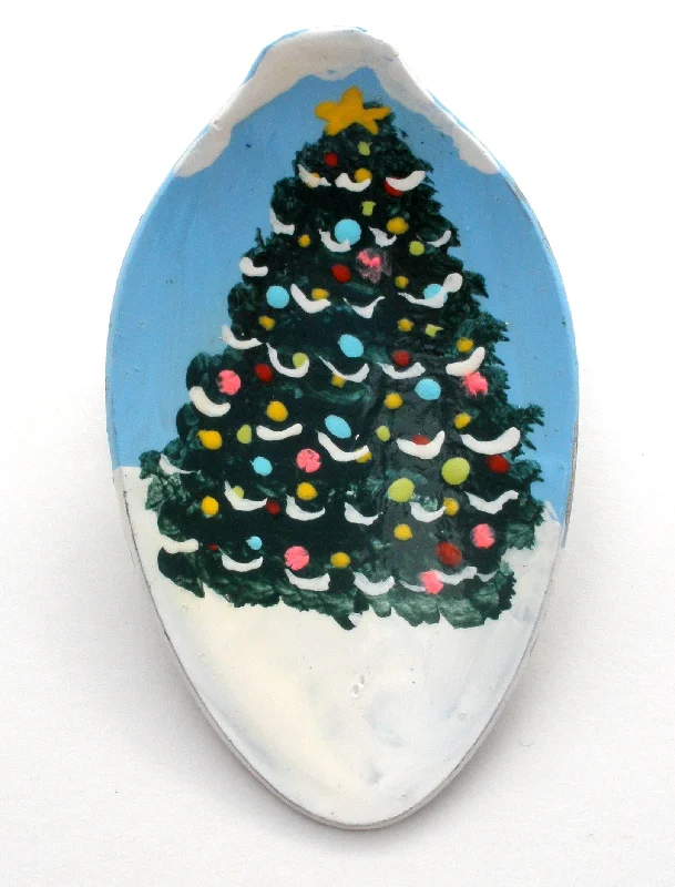 Brooch With Sparkling Gems-Hand Painted Christmas Tree Spoon Brooch