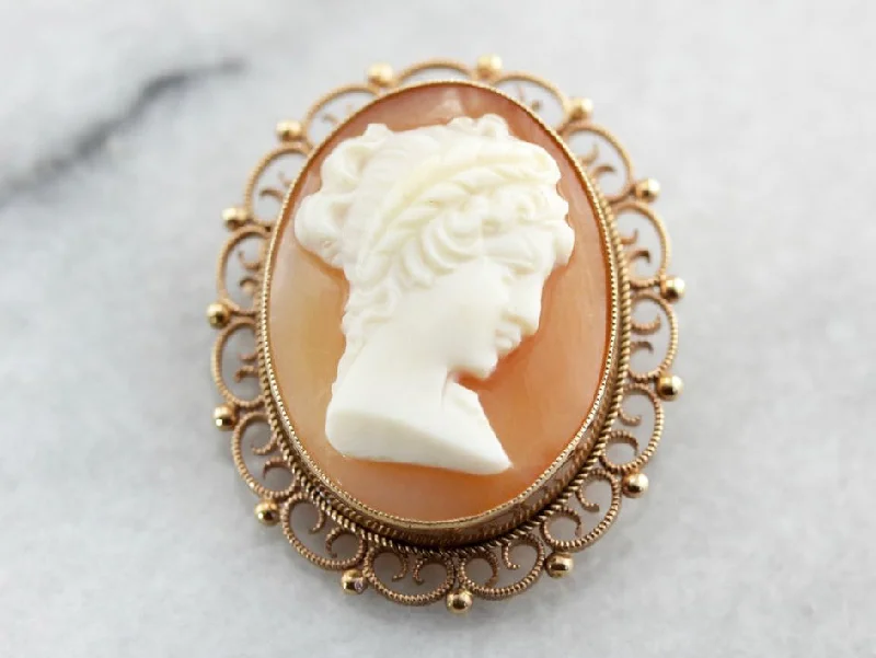 Modern Vintage Brooch-Ornate Cameo Gold Filigree Brooch Pendant